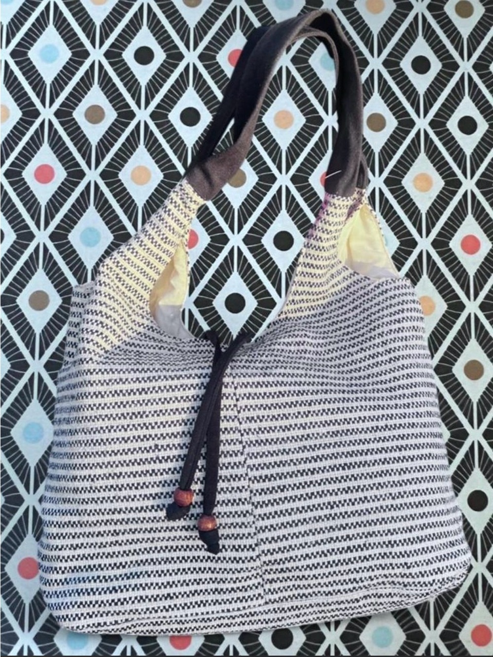 Black & White Woven Fabric Tote Bag with snap & Drawstring closure